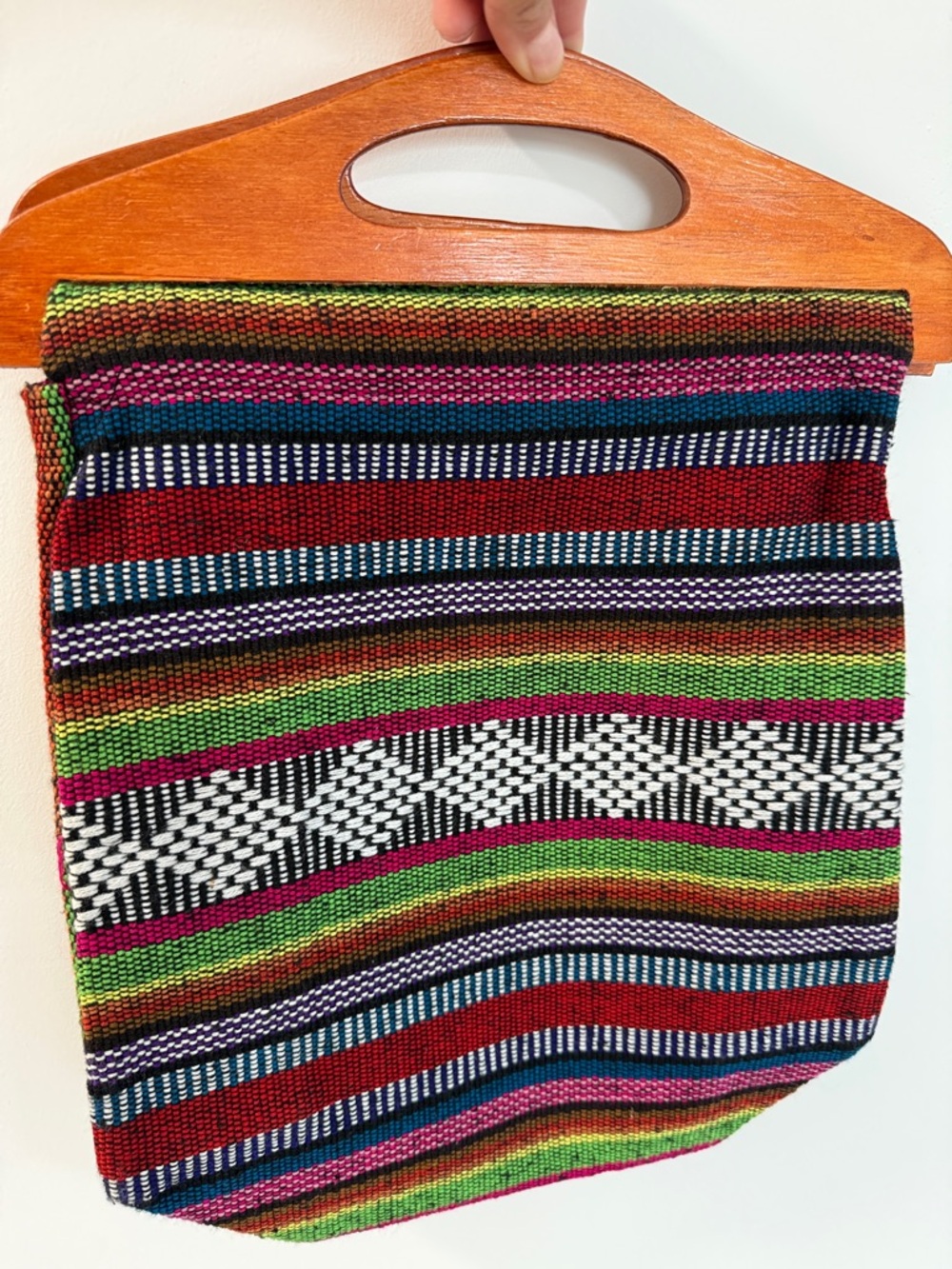 Colorful Woven Stripe Tote with Wooden Handle